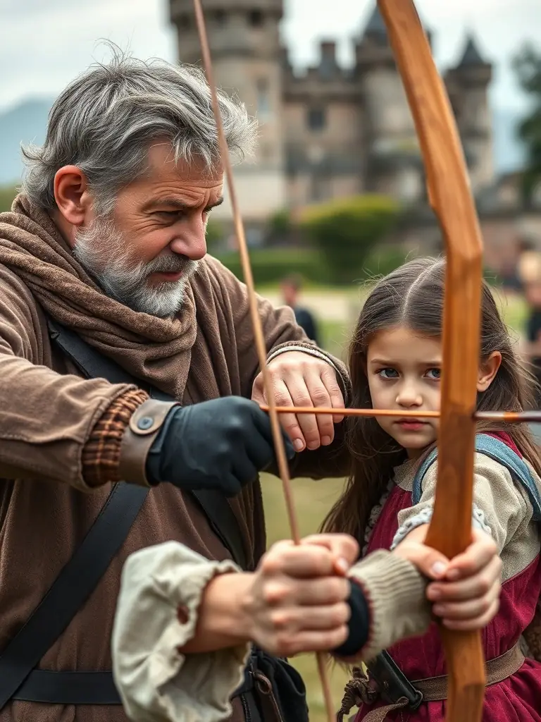 A focused image of an instructor guiding a participant in a medieval archery initiation session, demonstrating proper technique and safety measures, with bows and arrows in clear view.