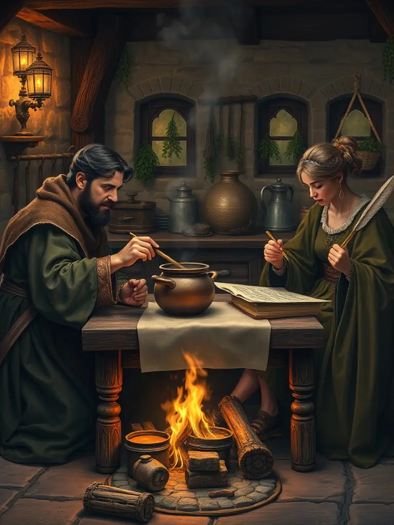 Participants engaged in medieval cooking, preparing traditional dishes, and practicing calligraphy with quills and ink, illustrating the Medieval Cooking and Calligraphy Workshops program.