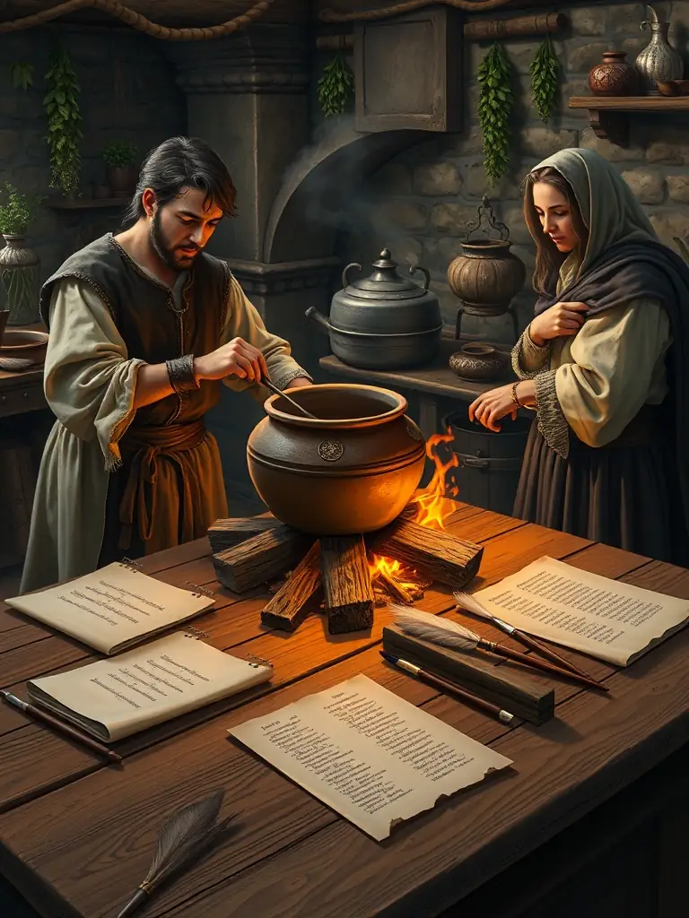 A detailed shot of participants in a medieval cooking workshop, preparing a dish using traditional methods and ingredients, with calligraphy tools and parchment displayed nearby.