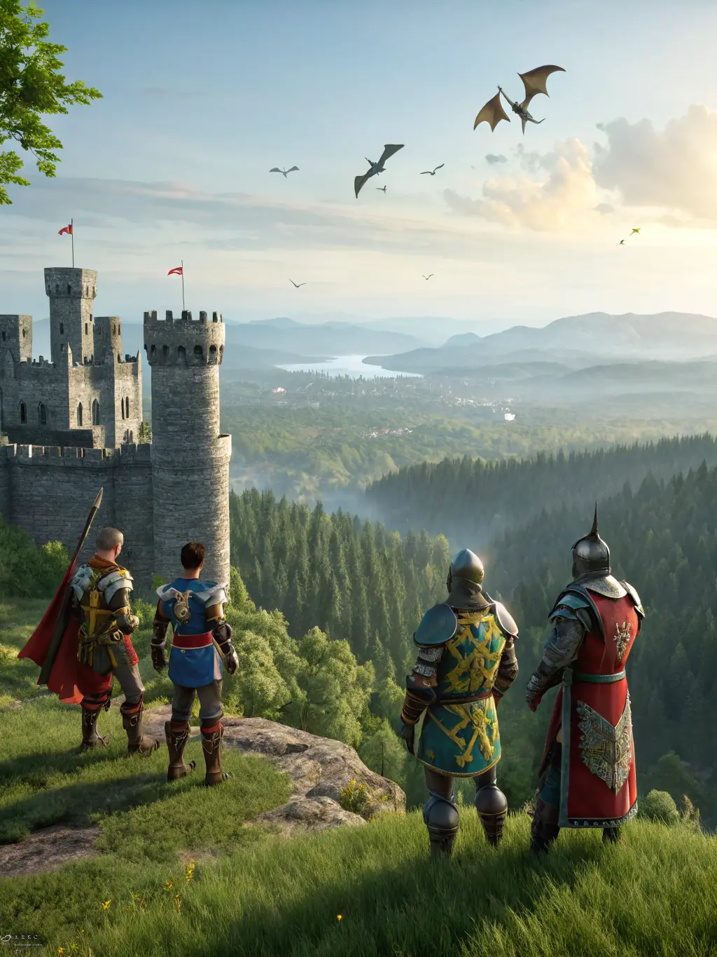 A vibrant image of archers in medieval attire participating in an archery tournament, showcasing skill and historical accuracy, set against a backdrop of a medieval castle.