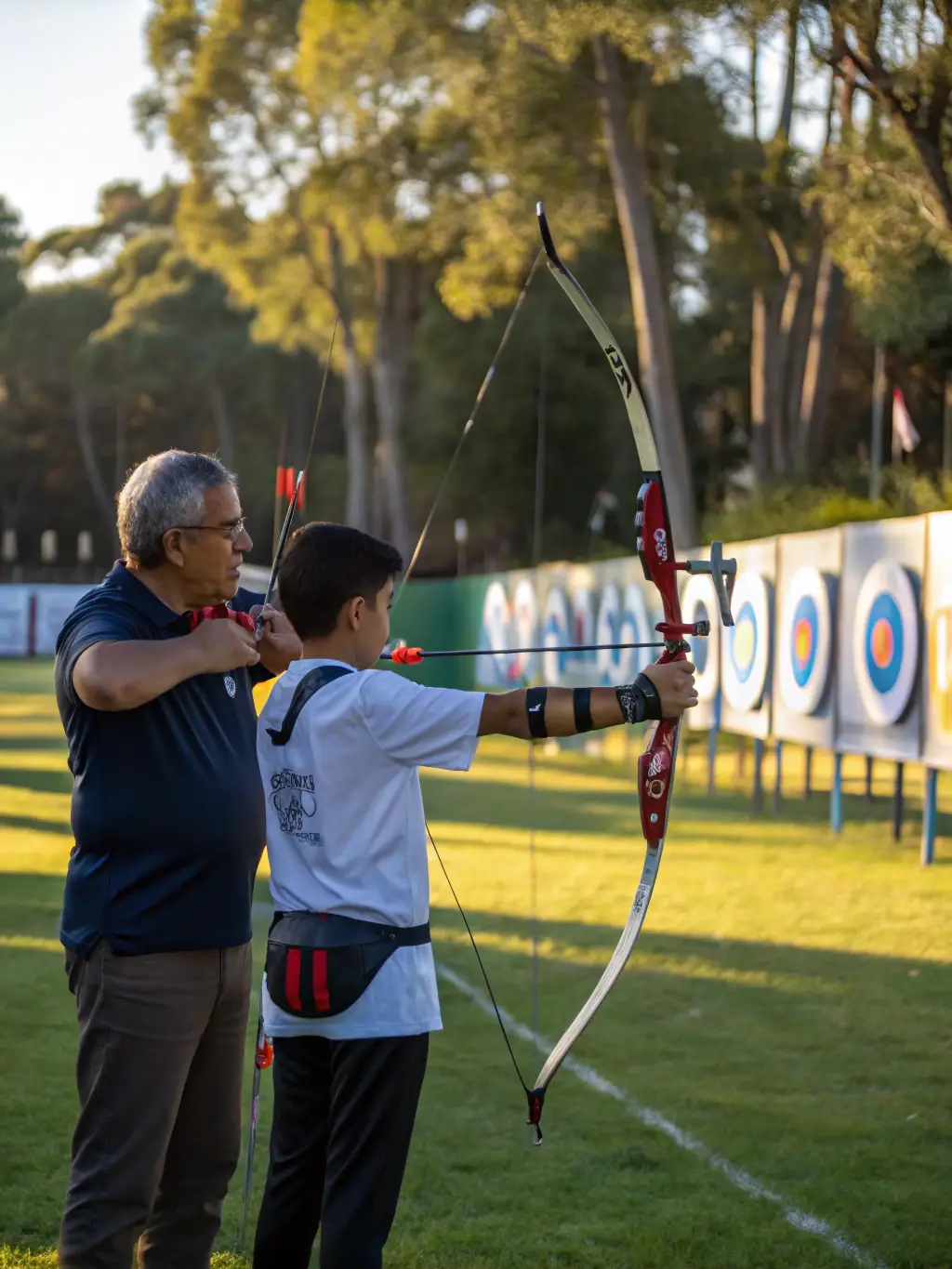 Instructor demonstrating archery techniques to a group of beginners in a scenic outdoor setting, highlighting the Medieval Archery Initiation Sessions program.