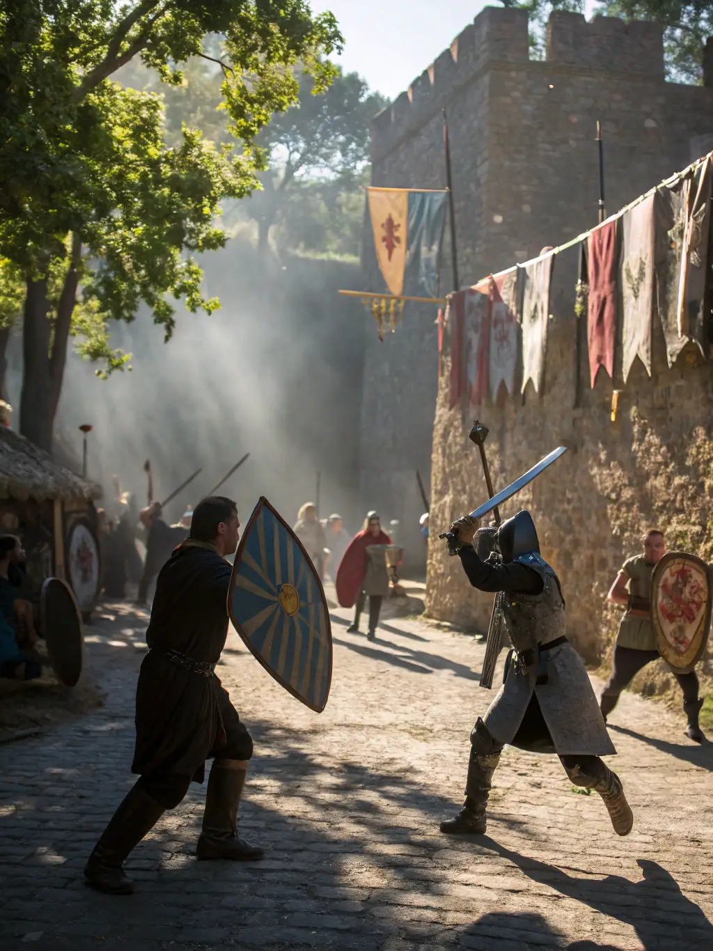 A group of archers dressed in medieval costumes aiming their bows during a tournament in a lush outdoor setting, showcasing the Medieval Archery Tournaments program.