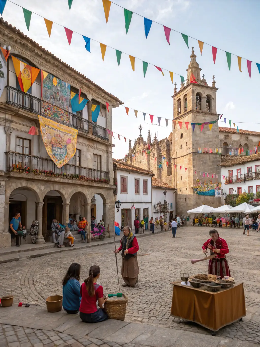 A lively scene from a themed medieval festival, featuring participants in period costumes, engaging in traditional crafts, with medieval tents and flags in the background.